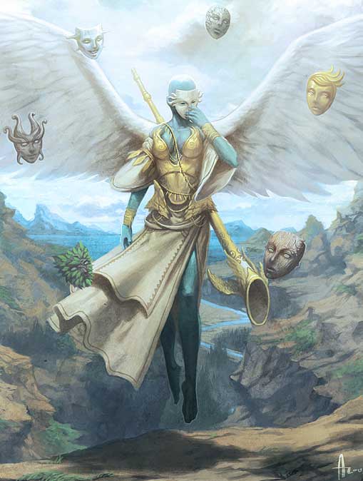 An angel wearing a mask, surrounded by other possible masks. Art by Andrew Hou.