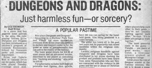 Image from a newspaper with the headline "Dungeons and Dragons: Just harmless fun - or sorcery?"