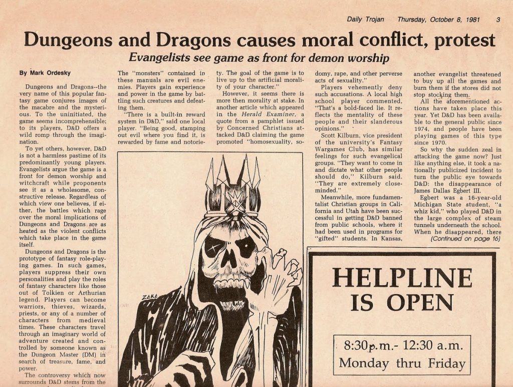 Image of a newspaper with the headline "Dungeons and Dragons causes moral conflict, protest."