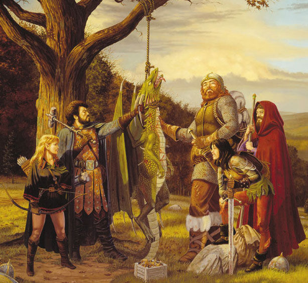A party poses by the small dragon they have defeated, in this classic image by Larry Elmore.