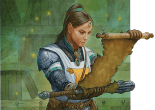 Image of a human in armor, reading a scroll. Art by Wayne England