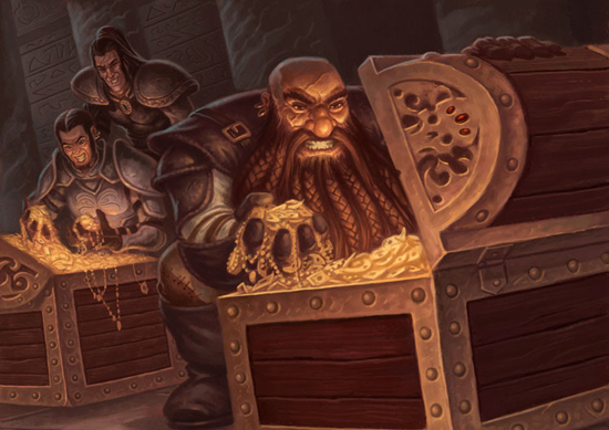 A dwarf and two humans open chests, finding them filled with gold and golden jewelry.