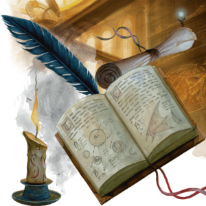 Art from the 2014 5E Players Handbook, depicting an open book, feather, candle, and scroll.