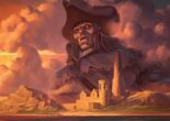 An undead captain's visage over a small town by the sea. Art by Eric Bellisle.